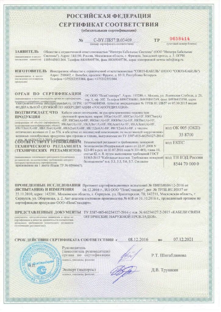 Сертификат пожарной безопасности (не распространяющий горение и не выделяющий галогенов при групповой прокладке)